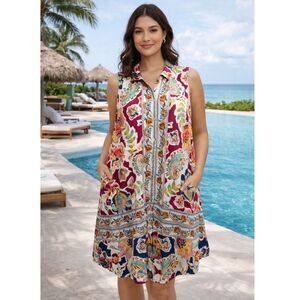 Figueroa & Flower Paisley Flowered Sleeveless Boho Hippy Artsy Midi Dress Sie L